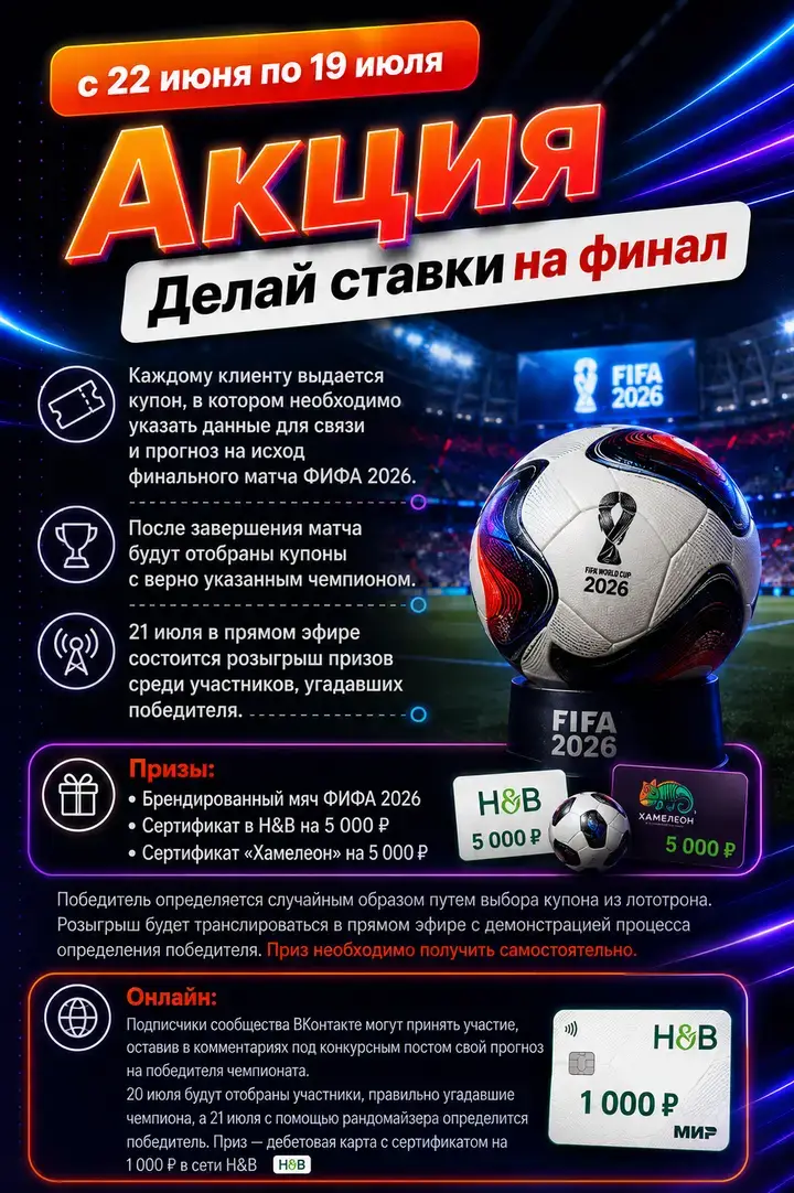 Акция «Делай ставки на финал»: с 22 июня по 19 июля — купон с прогнозом на финал FIFA 2026, розыгрыш призов 21 июля: мяч FIFA 2026, сертификаты H&B и «Хамелеон» на 5 000 ₽, подписчикам VK — сертификат на 1 000 ₽